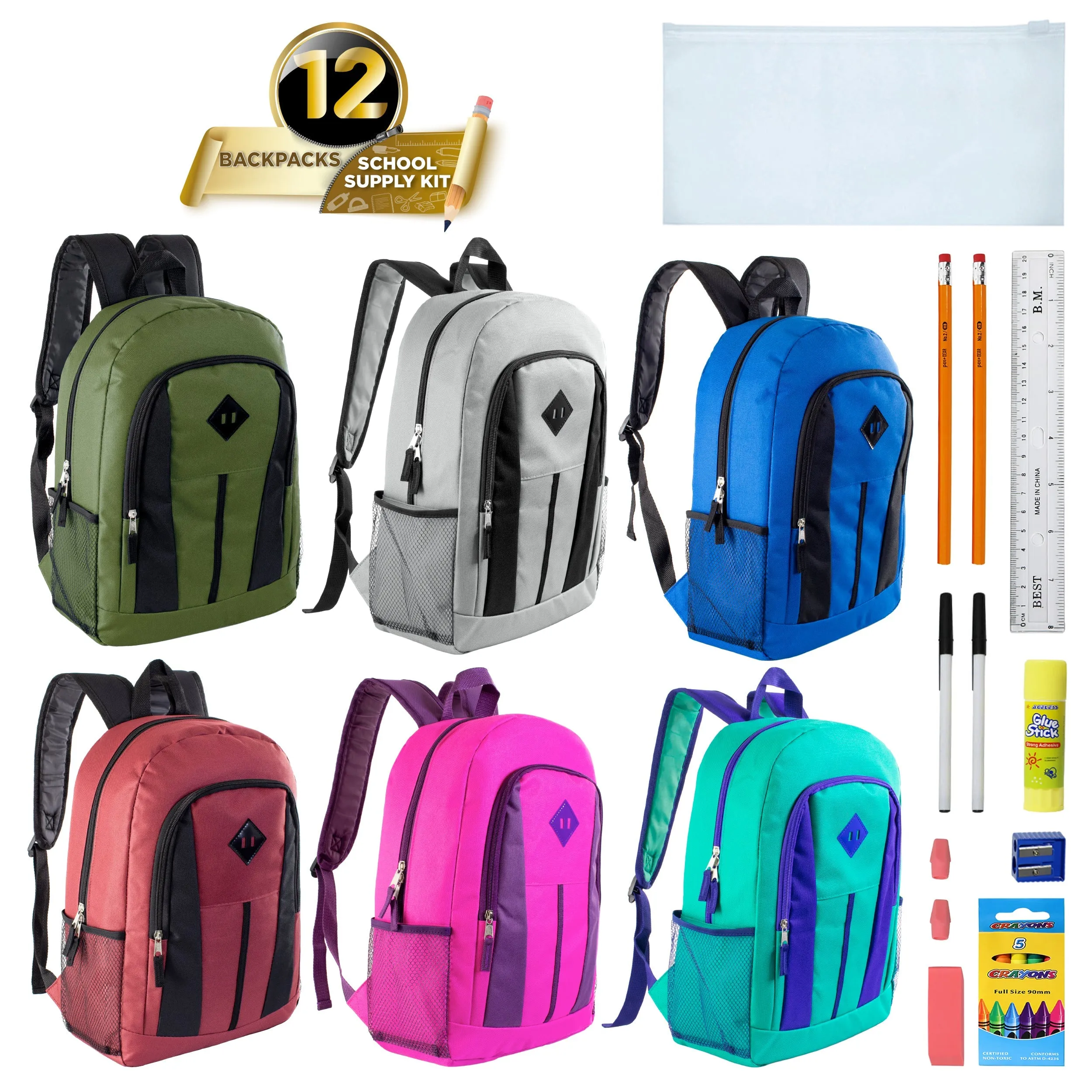 12 Wholesale 17" Diamond Patch Backpacks in 6 Colors & 12 Bulk School Supply Kits of Your Choice