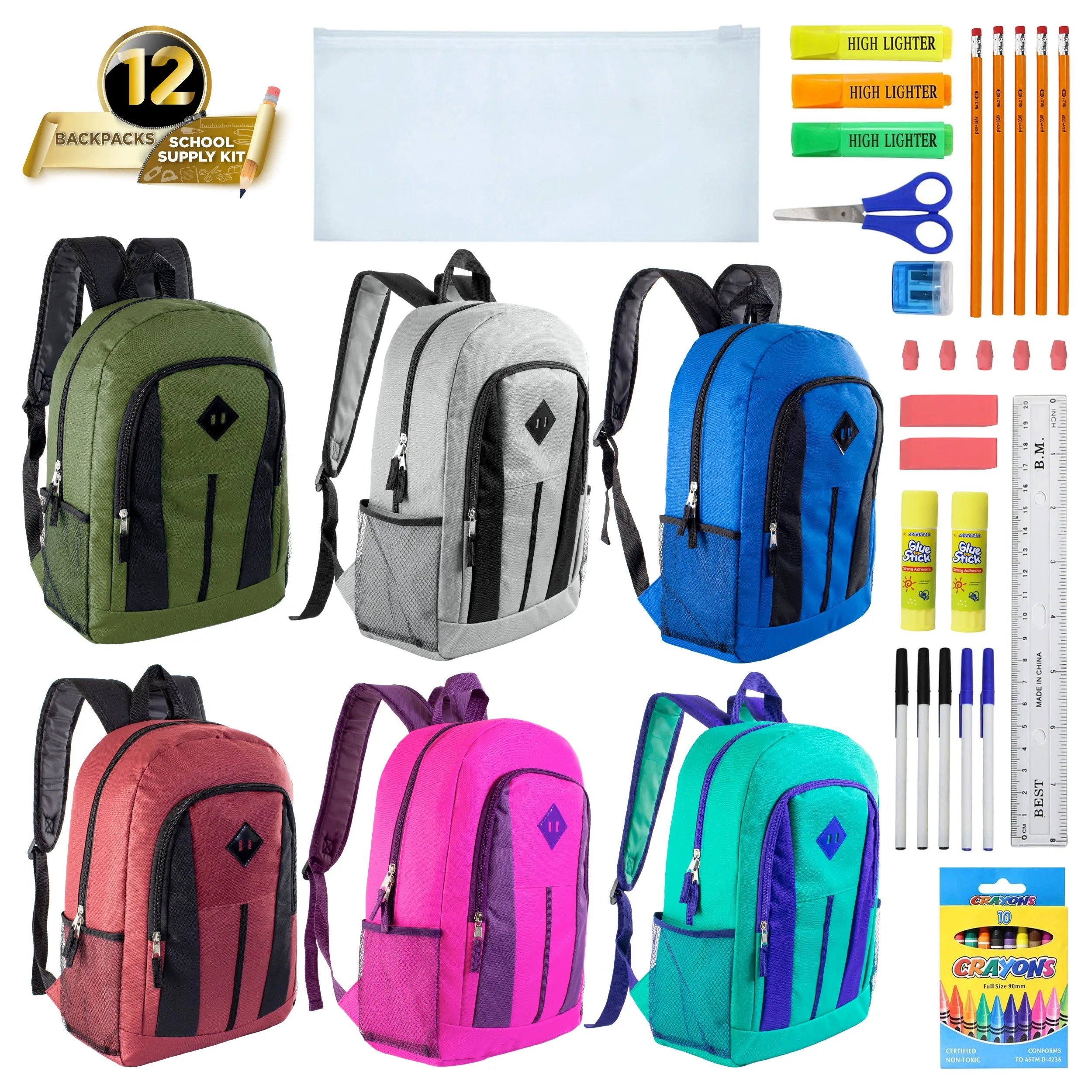 12 Wholesale 17" Diamond Patch Backpacks in 6 Colors & 12 Bulk School Supply Kits of Your Choice