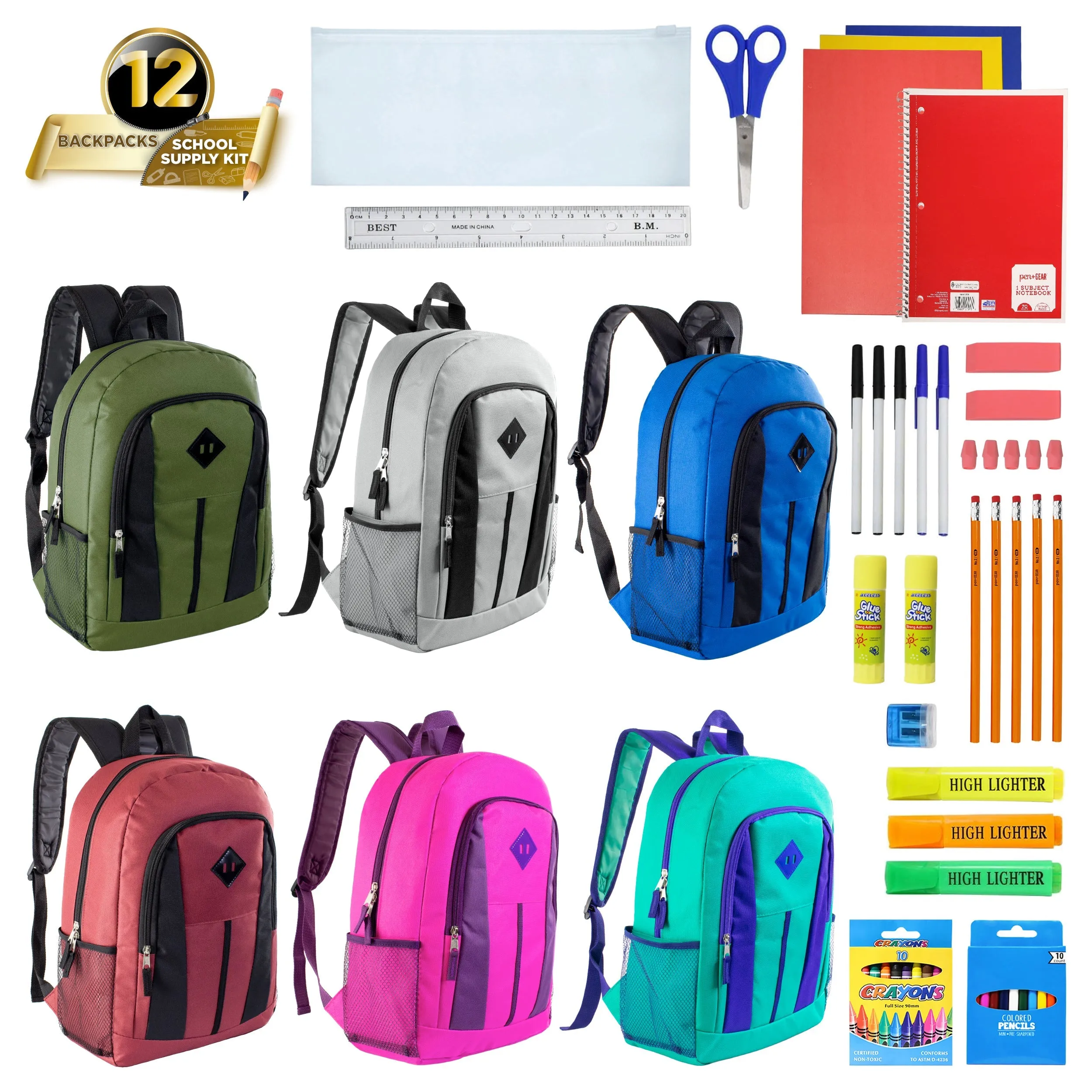 12 Wholesale 17" Diamond Patch Backpacks in 6 Colors & 12 Bulk School Supply Kits of Your Choice