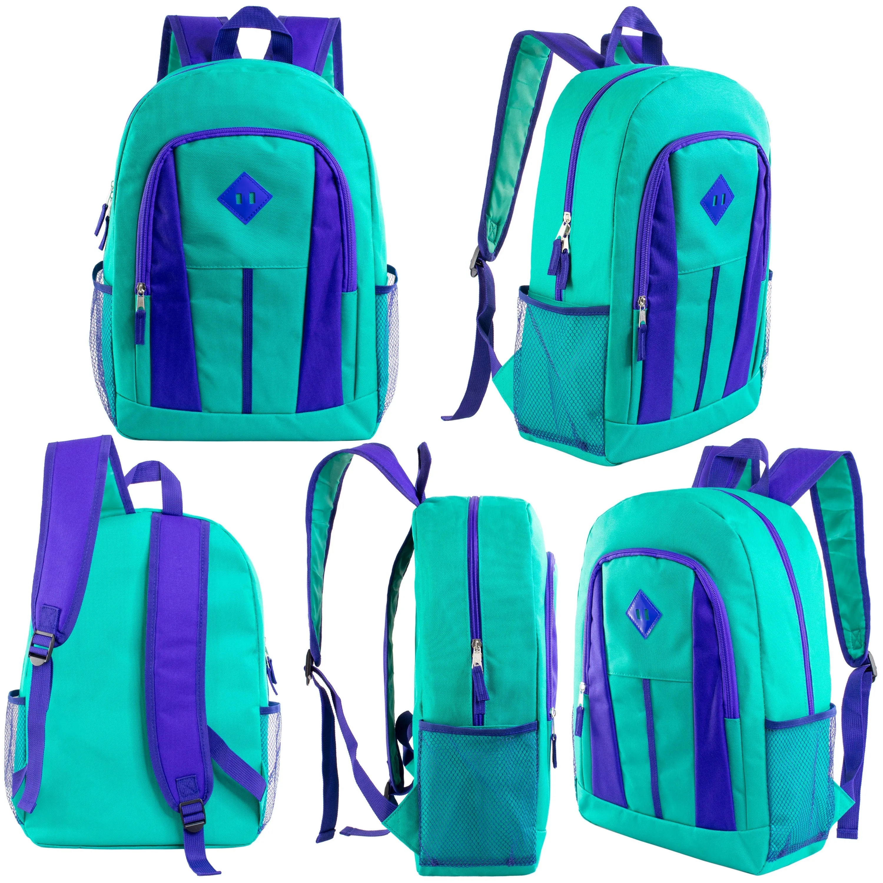 12 Wholesale 17" Diamond Patch Backpacks in 6 Colors & 12 Bulk School Supply Kits of Your Choice