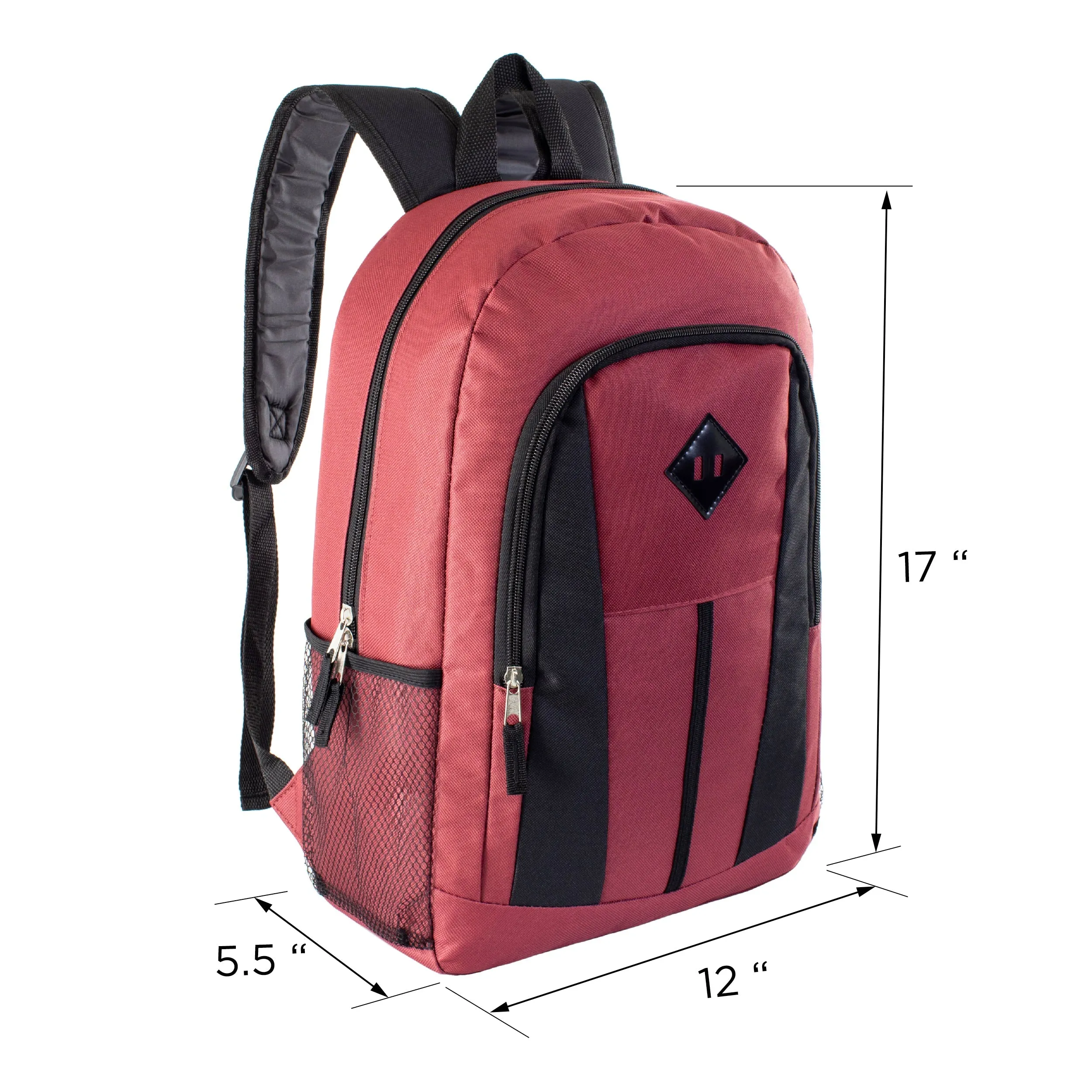 12 Wholesale 17" Diamond Patch Backpacks in 6 Colors & 12 Bulk School Supply Kits of Your Choice