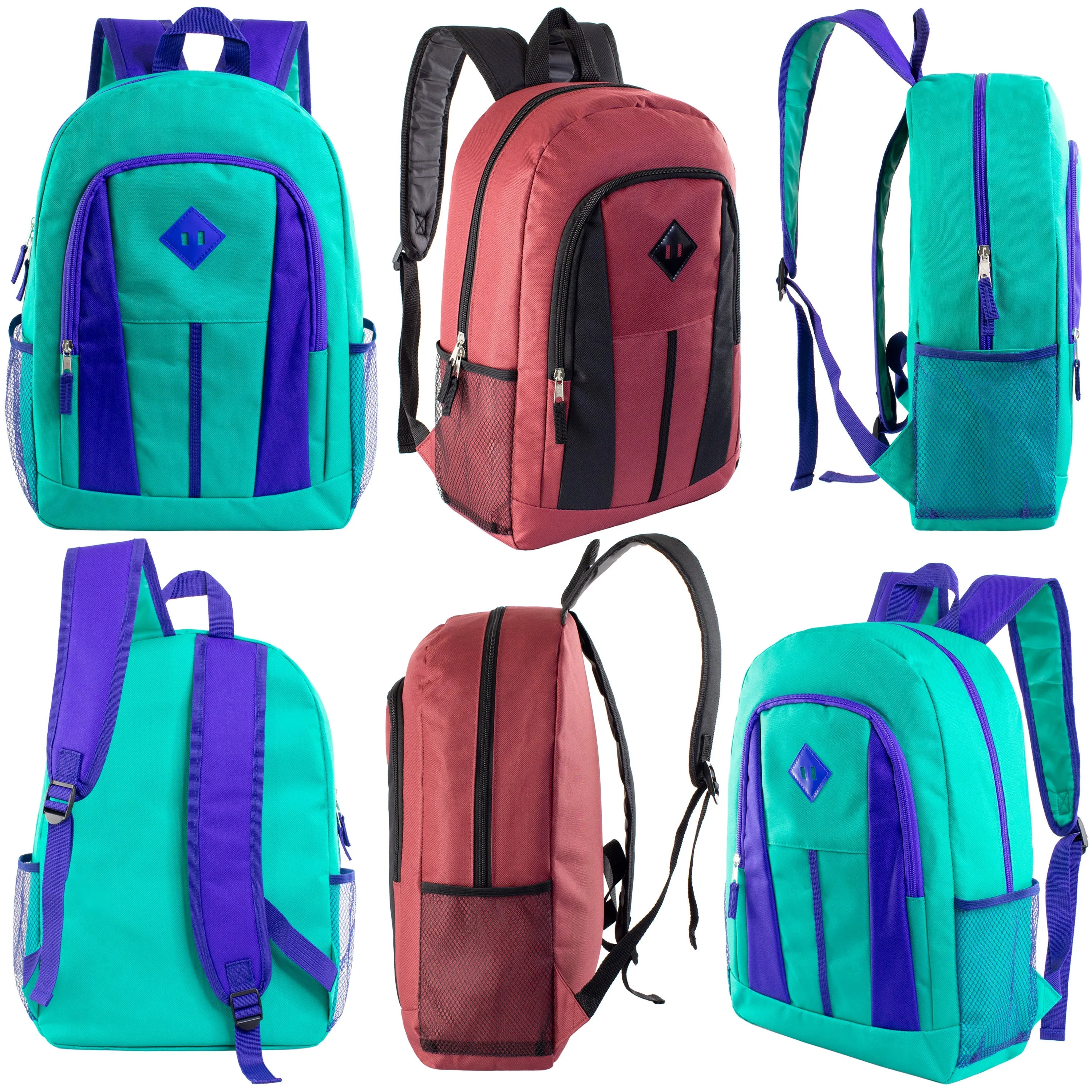 12 Wholesale 17" Diamond Patch Backpacks in 6 Colors & 12 Bulk School Supply Kits of Your Choice