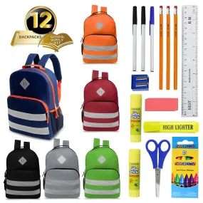 12 Wholesale 17" Reflective backpacks in Assorted Colors & 12 Bulk School Supply Kits of Your Choice