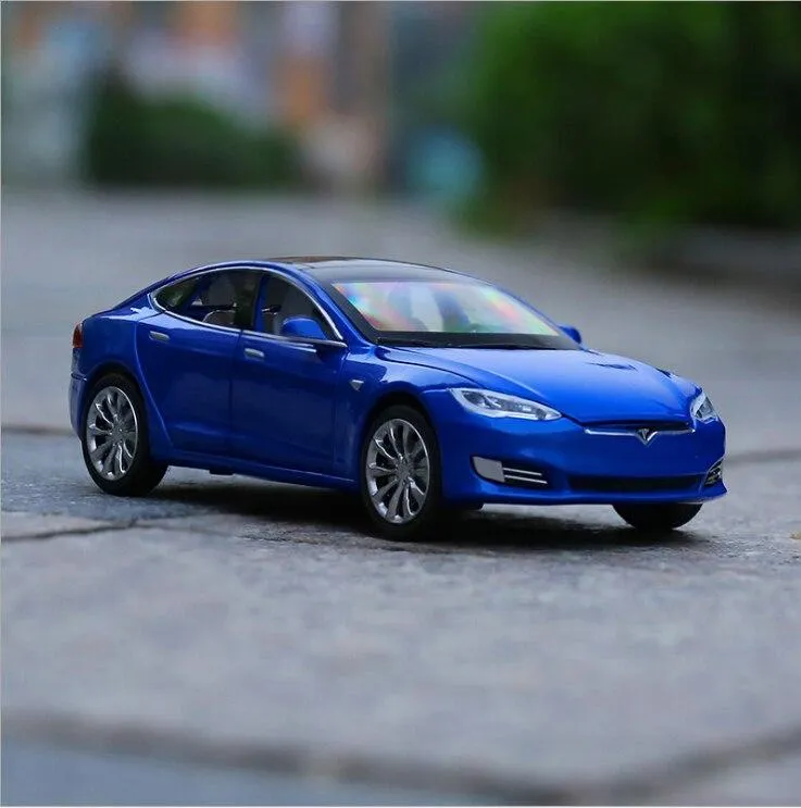 1/32 Alloy Tesla Model S  Saloon Toy Vehicle Simulation Sound Light Pull Back Toys Car For Children Kids Gift blue car