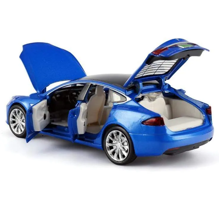 1/32 Alloy Tesla Model S  Saloon Toy Vehicle Simulation Sound Light Pull Back Toys Car For Children Kids Gift blue car