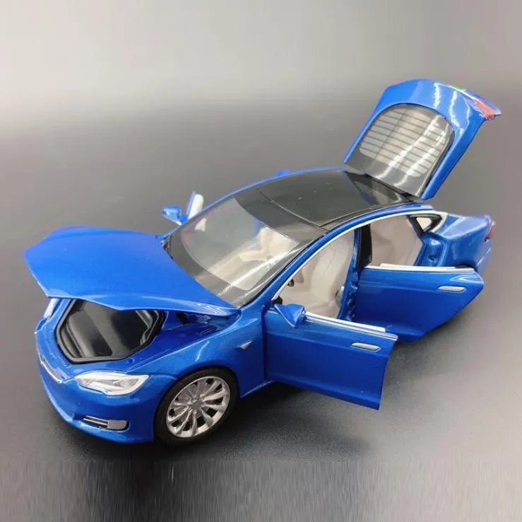 1/32 Alloy Tesla Model S  Saloon Toy Vehicle Simulation Sound Light Pull Back Toys Car For Children Kids Gift blue car