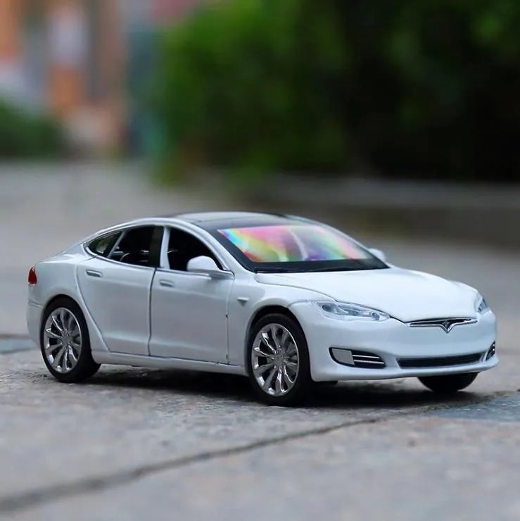 1/32 Alloy Tesla Model S  Saloon Toy Vehicle Simulation Sound Light Pull Back Toys Car For Children Kids Gift blue car