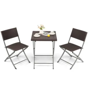 3 Pieces Patio Bistro Set with Folding Wicker Chairs and Table-Brown