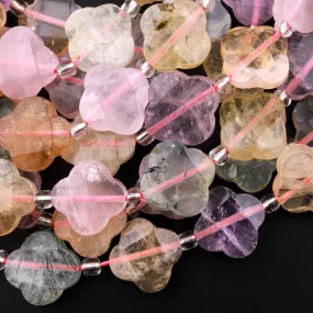 4 Four Leaf Clover Beads Rose Quartz Citrine Prehnite Amethyst Hand Carved Flower Mixed Gemstone 15.5" Strand