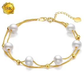 7 INCHES AU750 18K SOLID GOLD FRESHWATER PEARLS CABLE CHAIN BRACELET