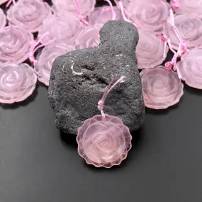 AAA Hand Carved Natural Pink Rose Quartz Flower Pendant Gemstone Focal Bead