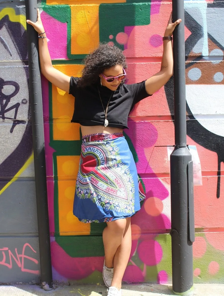 African Skirt, Wrap Skirt in Blue Dashiki Print - Beach Skirt