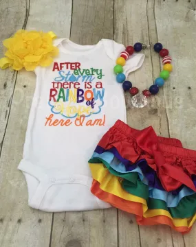 After every storm there is a rainbow of hope... Here i am! Bodysuit or shirt, necklace, diaper cover and headband