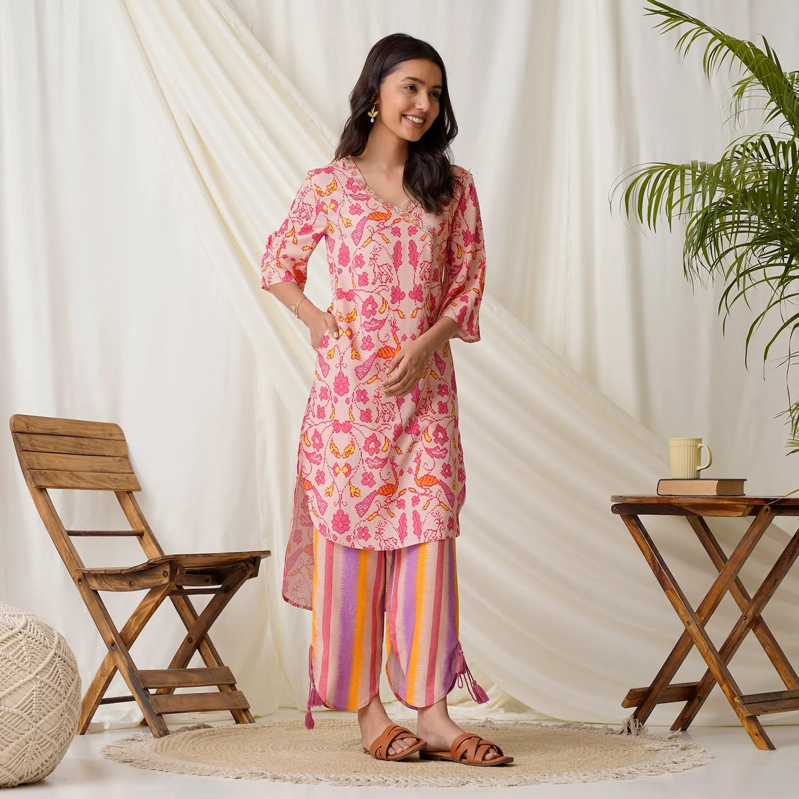 Baby Pink Ikat Inspired High low Co-ord Set