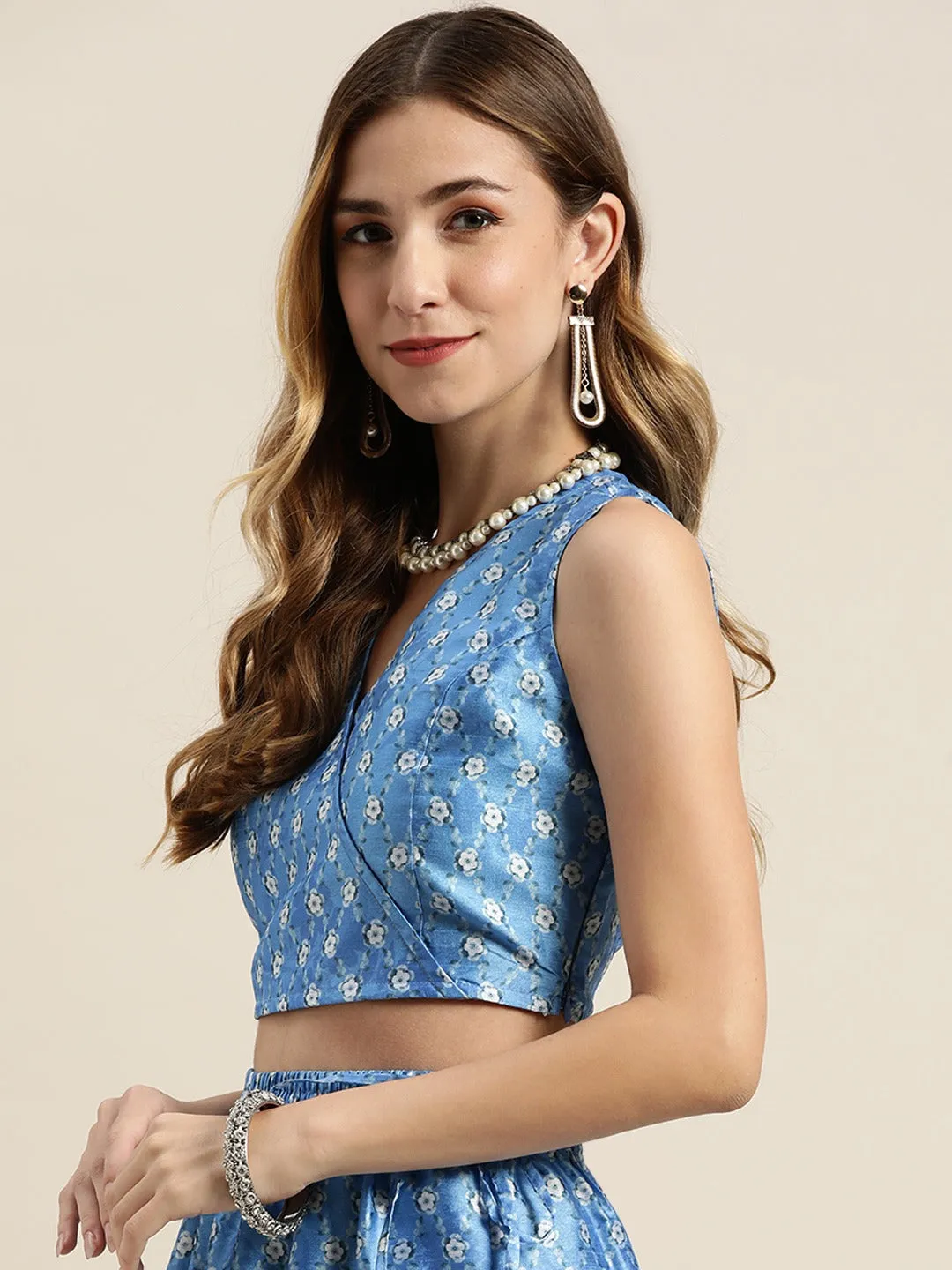 Blue Geo Floral Wrap Crop Top