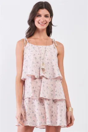 Blush Floral Print Sleeveless Self-tie Shoulder Strap Detail Layered Flounce Mini Dress