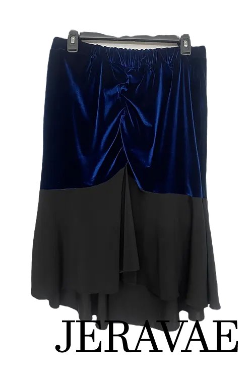 Body Positive Drest Couture Blue Stretch Velvet and Black Latin Practice Skirt with Ruching in Center US Size 8-30 PRA 1034 in Stock