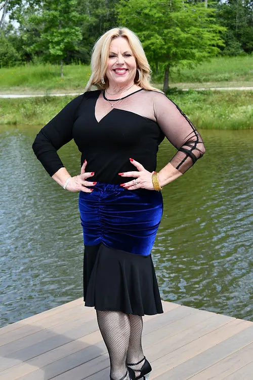 Body Positive Drest Couture Blue Stretch Velvet and Black Latin Practice Skirt with Ruching in Center US Size 8-30 PRA 1034 in Stock