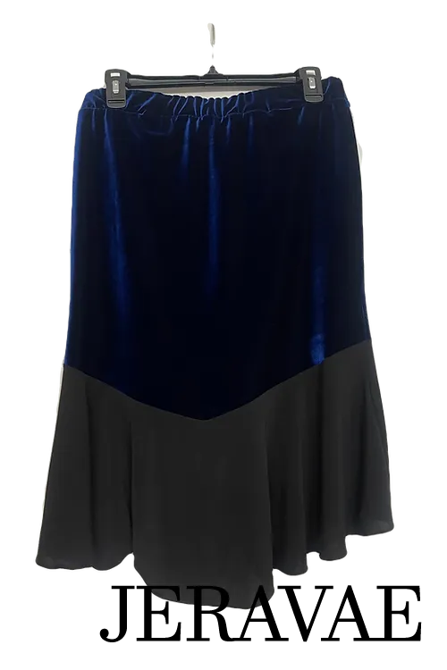 Body Positive Drest Couture Blue Stretch Velvet and Black Latin Practice Skirt with Ruching in Center US Size 8-30 PRA 1034 in Stock