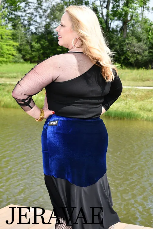 Body Positive Drest Couture Blue Stretch Velvet and Black Latin Practice Skirt with Ruching in Center US Size 8-30 PRA 1034 in Stock