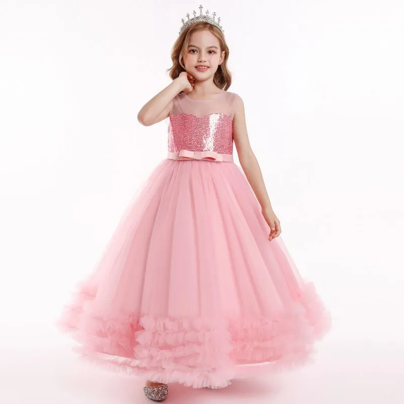 Children Pink Mesh Sequin Girls Cascade Ruffle Formal Prom Princess Ball Dresses