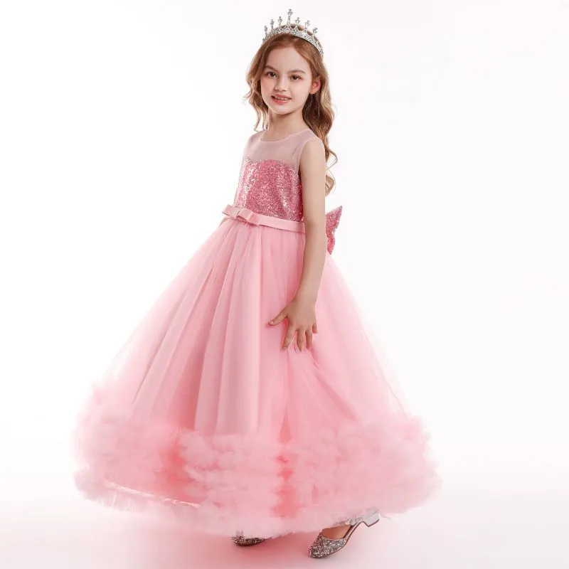 Children Pink Mesh Sequin Girls Cascade Ruffle Formal Prom Princess Ball Dresses