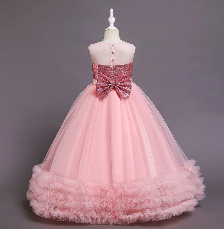 Children Pink Mesh Sequin Girls Cascade Ruffle Formal Prom Princess Ball Dresses