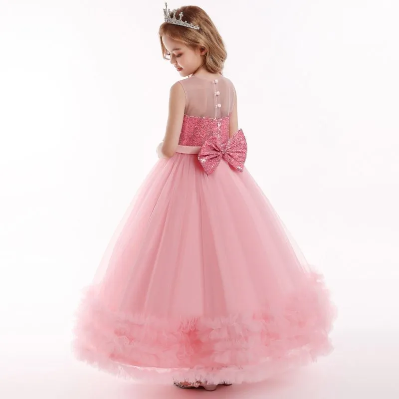 Children Pink Mesh Sequin Girls Cascade Ruffle Formal Prom Princess Ball Dresses