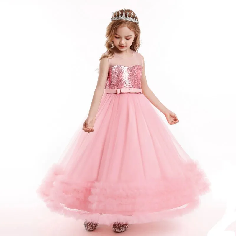 Children Pink Mesh Sequin Girls Cascade Ruffle Formal Prom Princess Ball Dresses