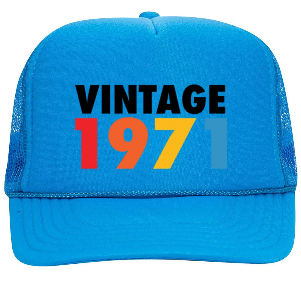 Customize Birth Year Birthday Retro Vintage Neon 5 Panel High Crown Foam Mesh Back Trucker Hat - For Men and Women