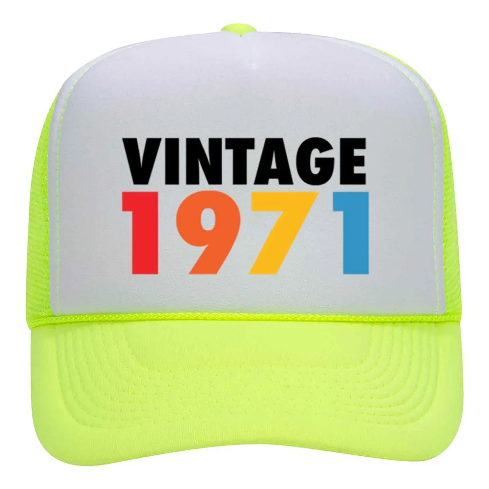 Customize Birth Year Birthday Retro Vintage Neon 5 Panel High Crown Foam Mesh Back Trucker Hat - For Men and Women