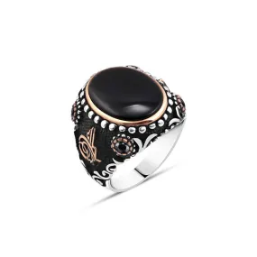 Domic Onyx Stone Ellipse Silver Men's Ring Siding Ottoman Tughra and Zircon Stones