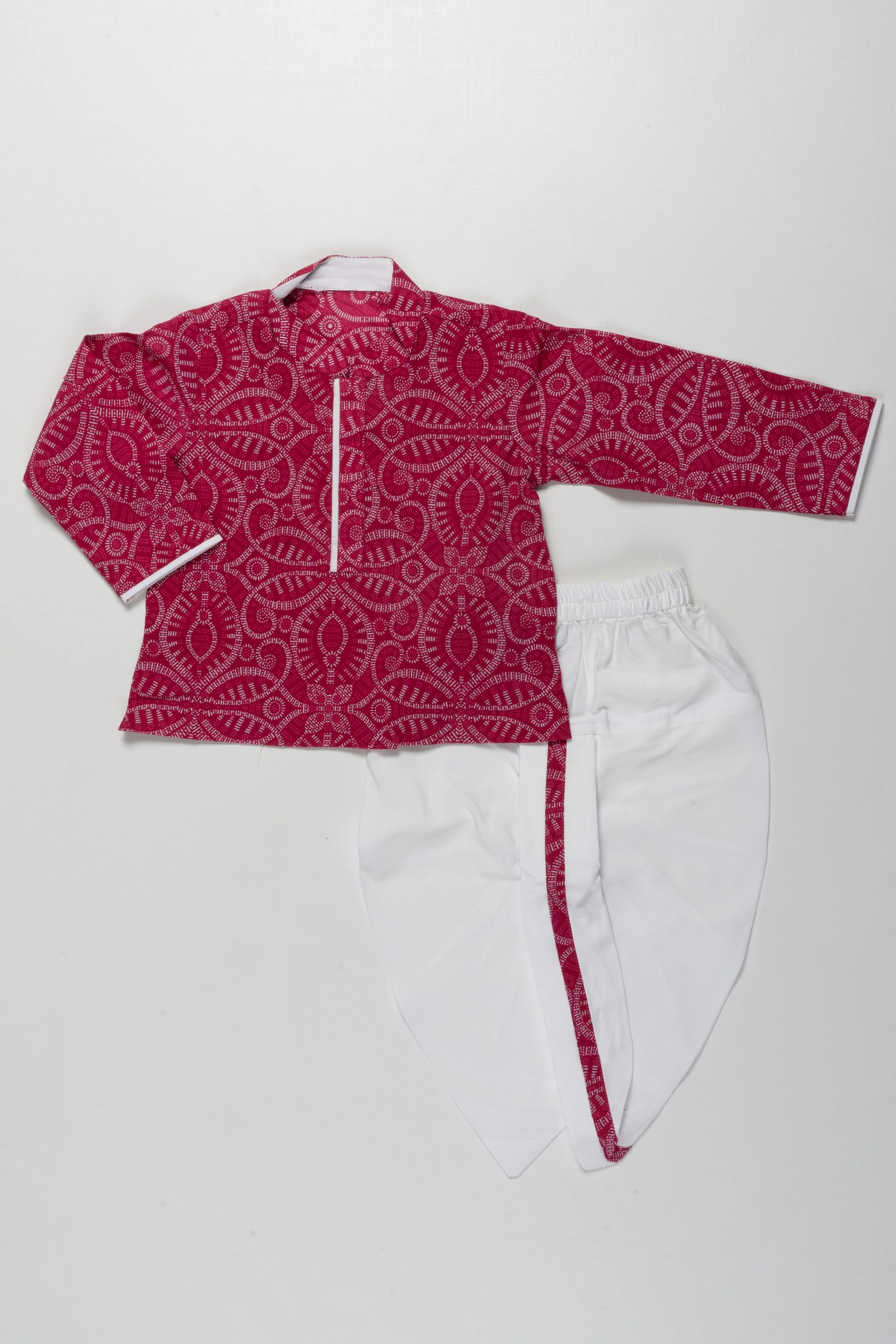 Elegant Red Patterned Kurta with White Dhoti Set for Boys