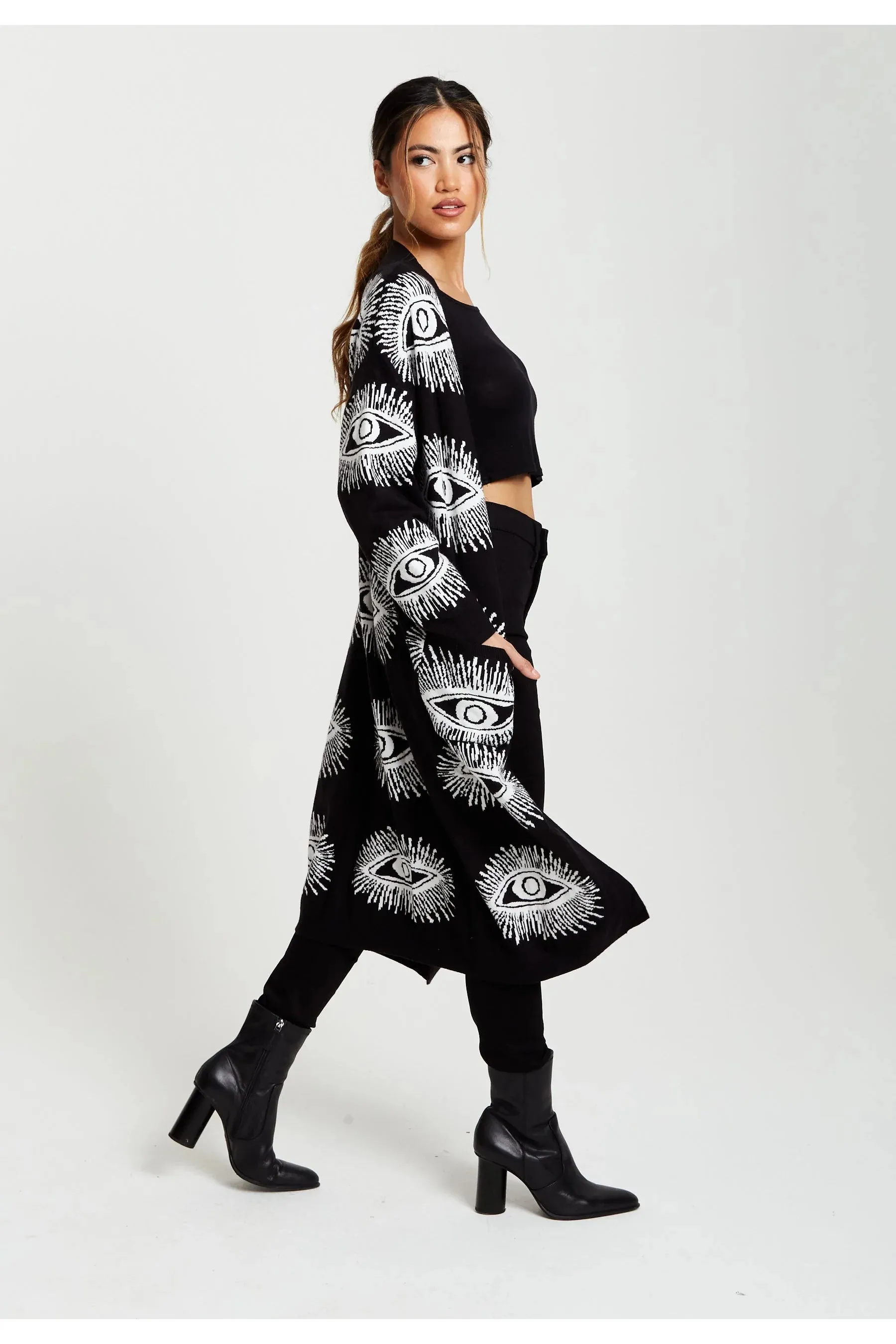 Liquorish Eye Pattern Longline Cardigan