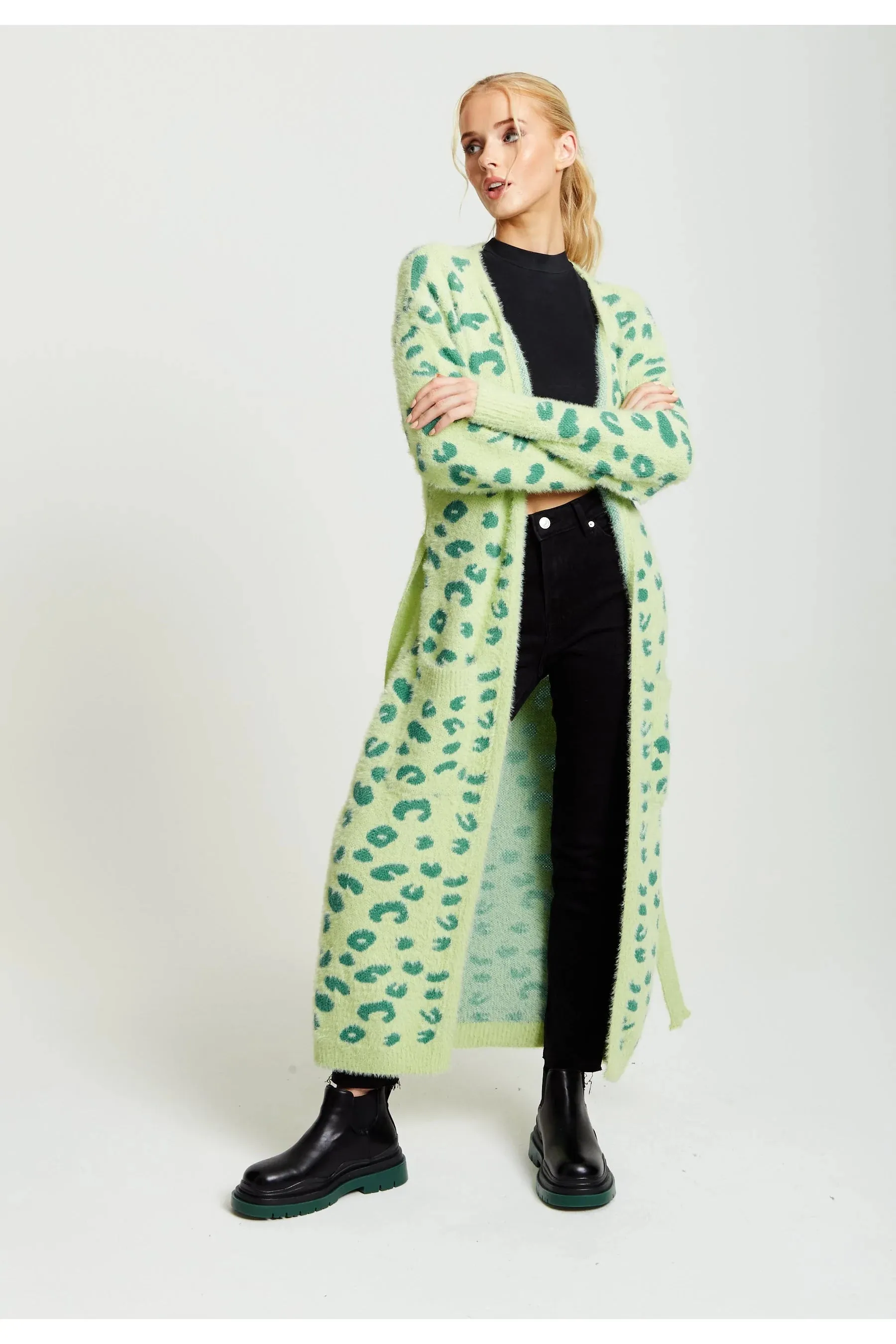 Liquorish Fluffy Longline Cardigan In Green Animal Print