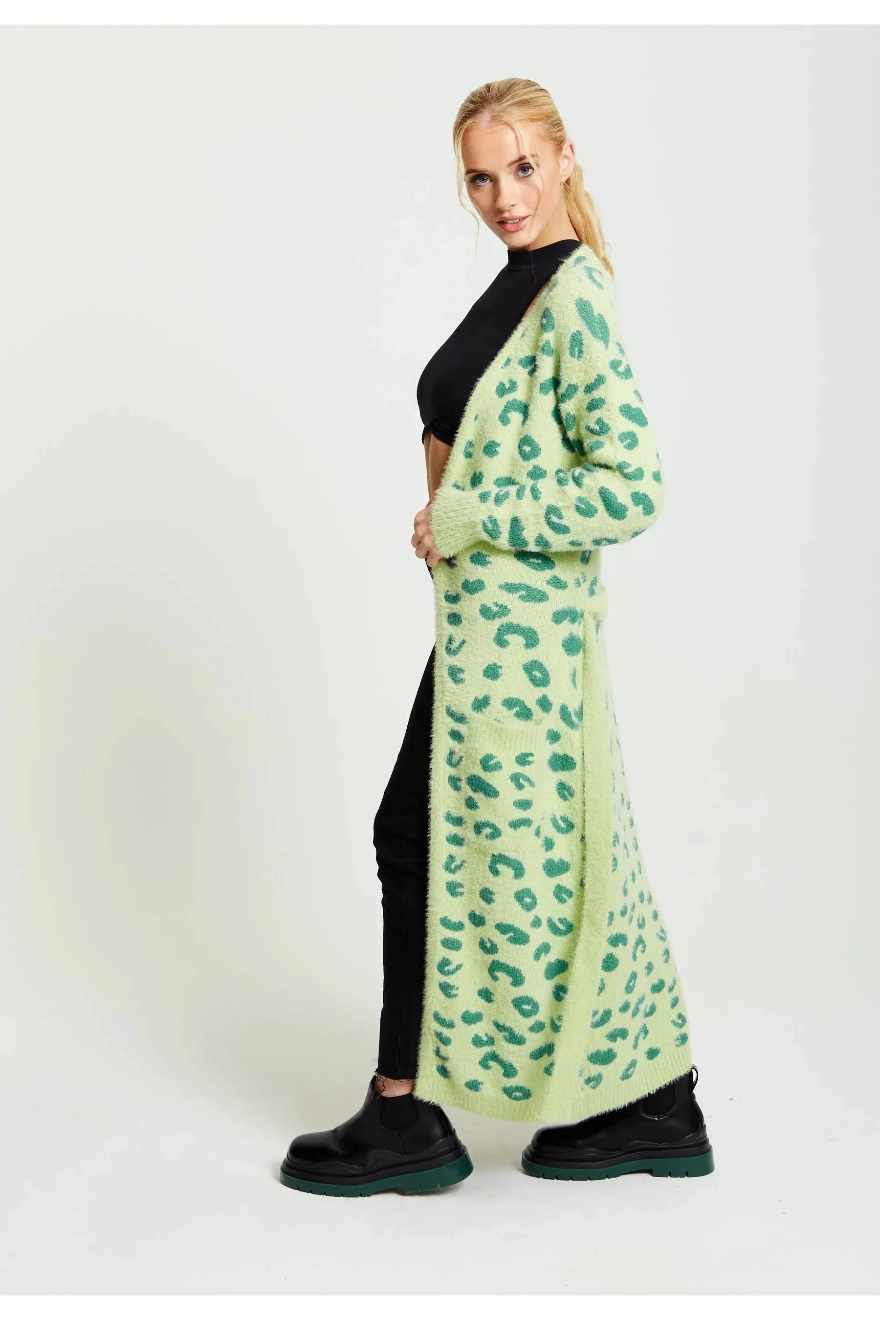 Liquorish Fluffy Longline Cardigan In Green Animal Print