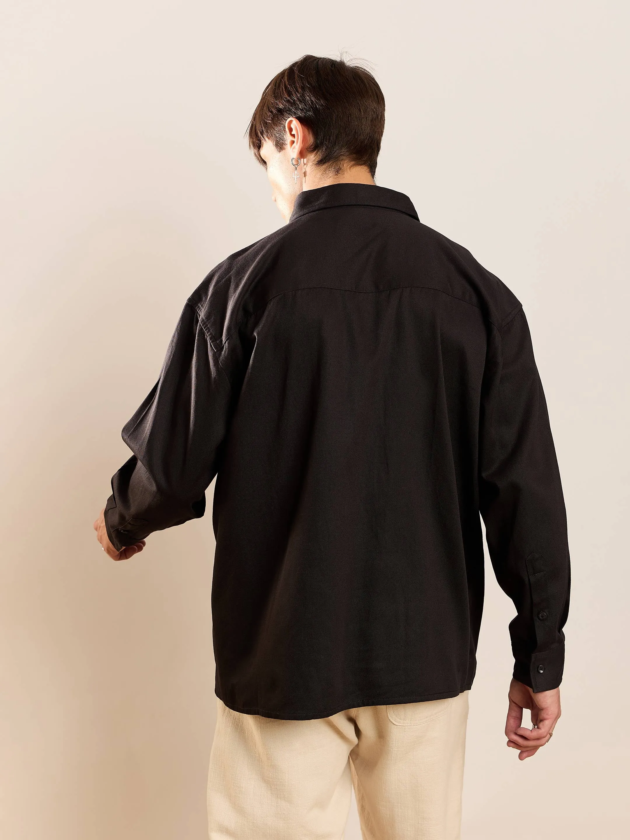 Men Black Twill Utility Pocket Oversize Shirt