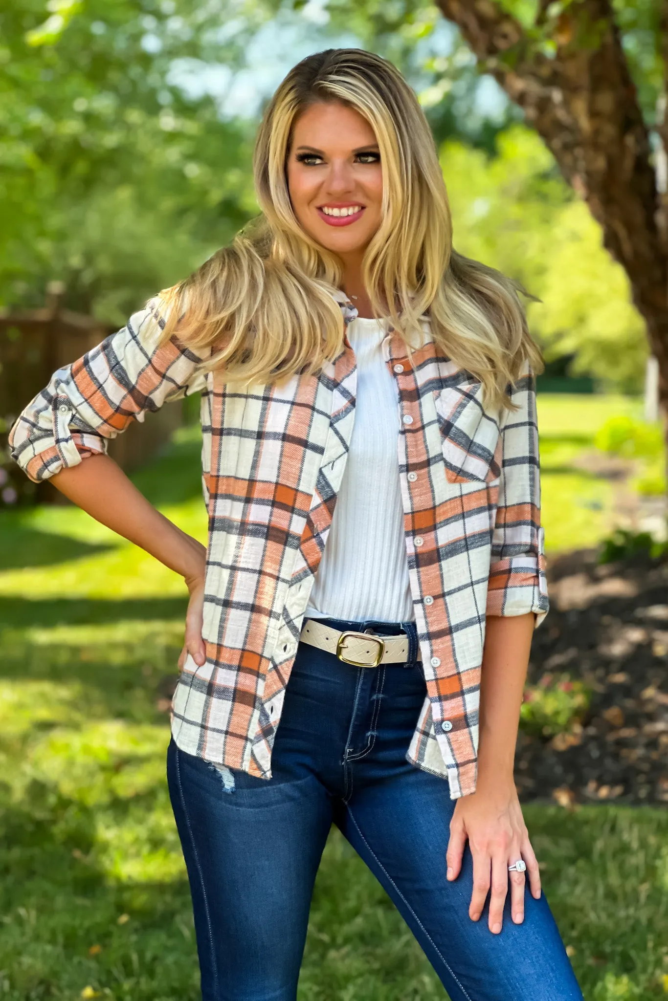 Saige Button Tab Sleeve Plaid Flannel Shirt : Orange/Cream