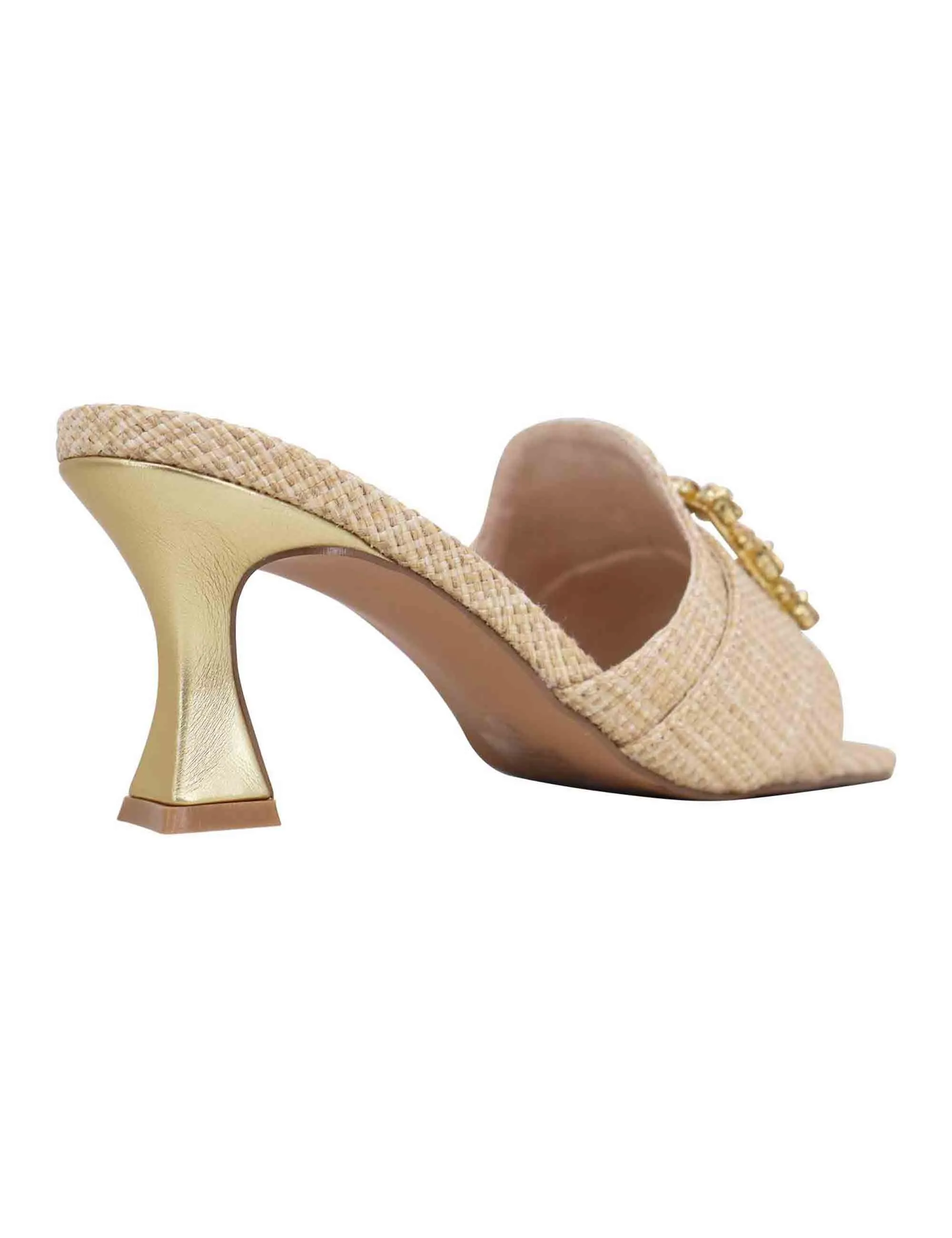 Sandali donna in tessuto rafia beige con morsetto e tacco oro