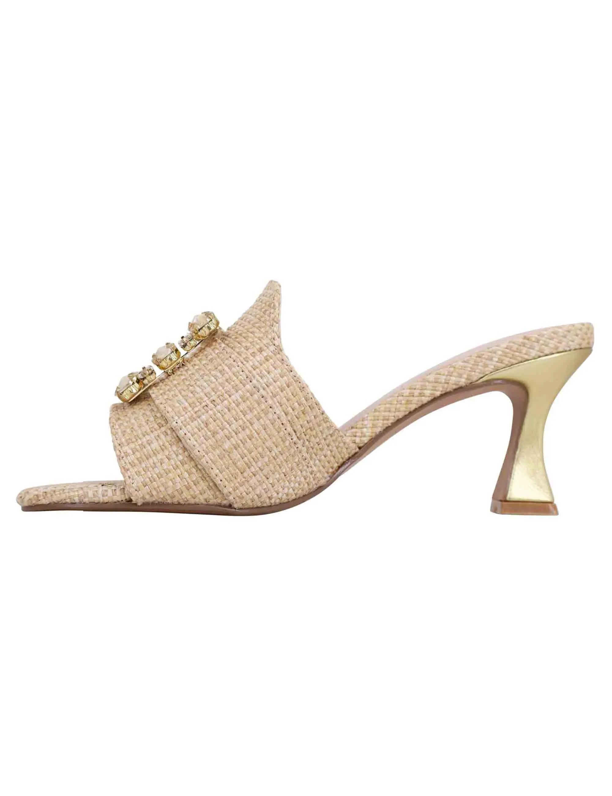 Sandali donna in tessuto rafia beige con morsetto e tacco oro