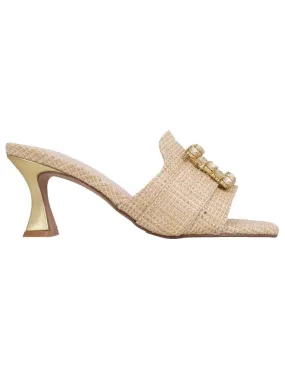 Sandali donna in tessuto rafia beige con morsetto e tacco oro