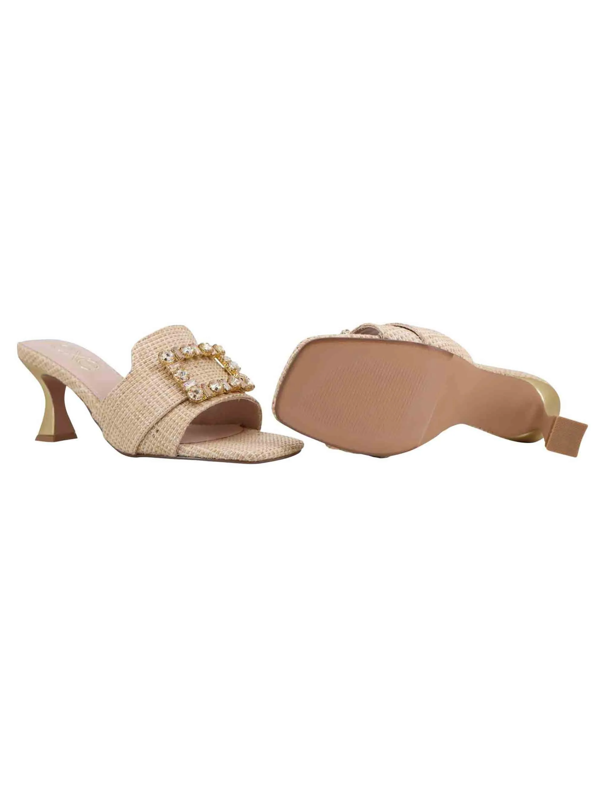 Sandali donna in tessuto rafia beige con morsetto e tacco oro