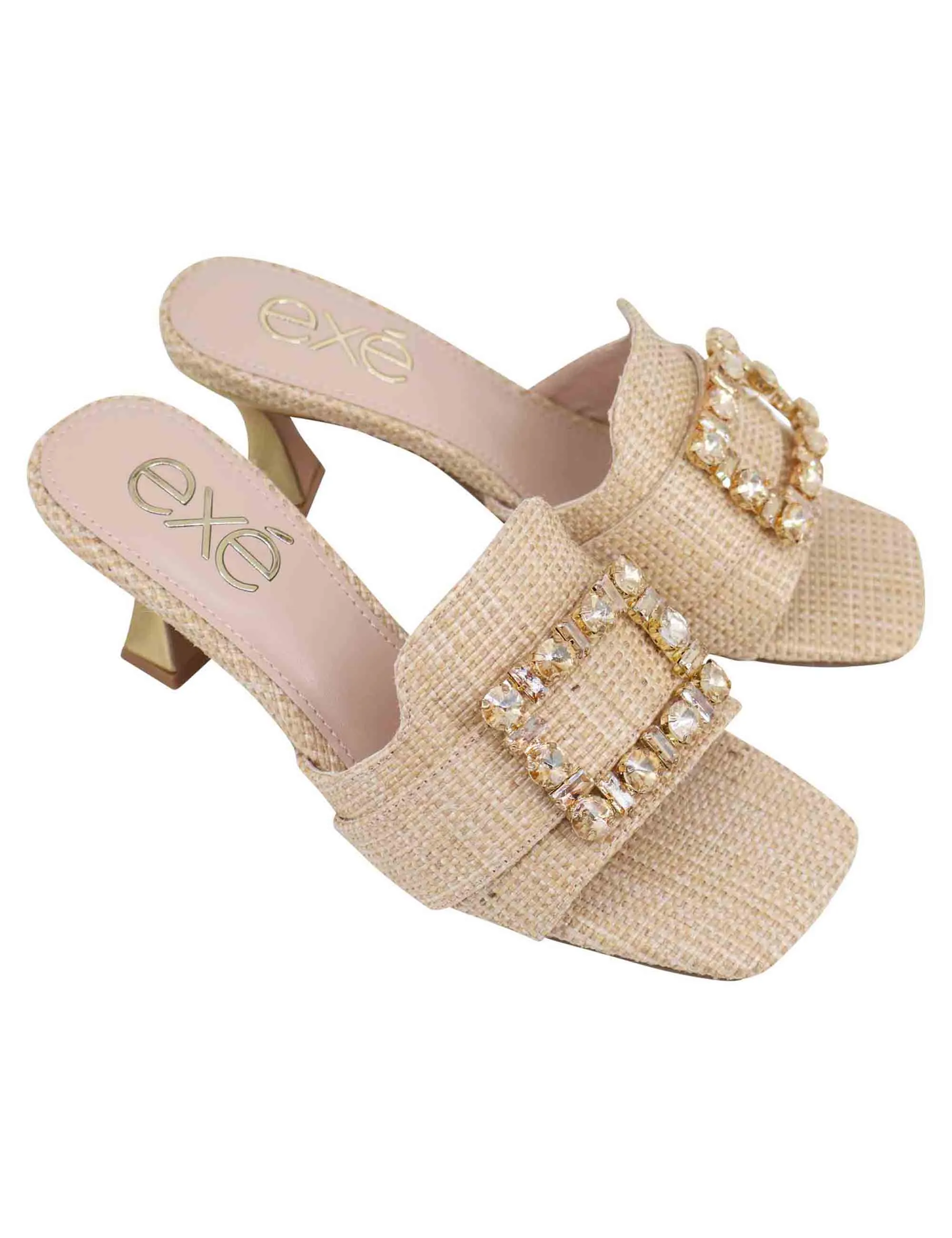 Sandali donna in tessuto rafia beige con morsetto e tacco oro