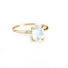 Small Oval Moonstone Solitaire Ring - Oval Moonstone Ring - Rainbow Moonstone Ring