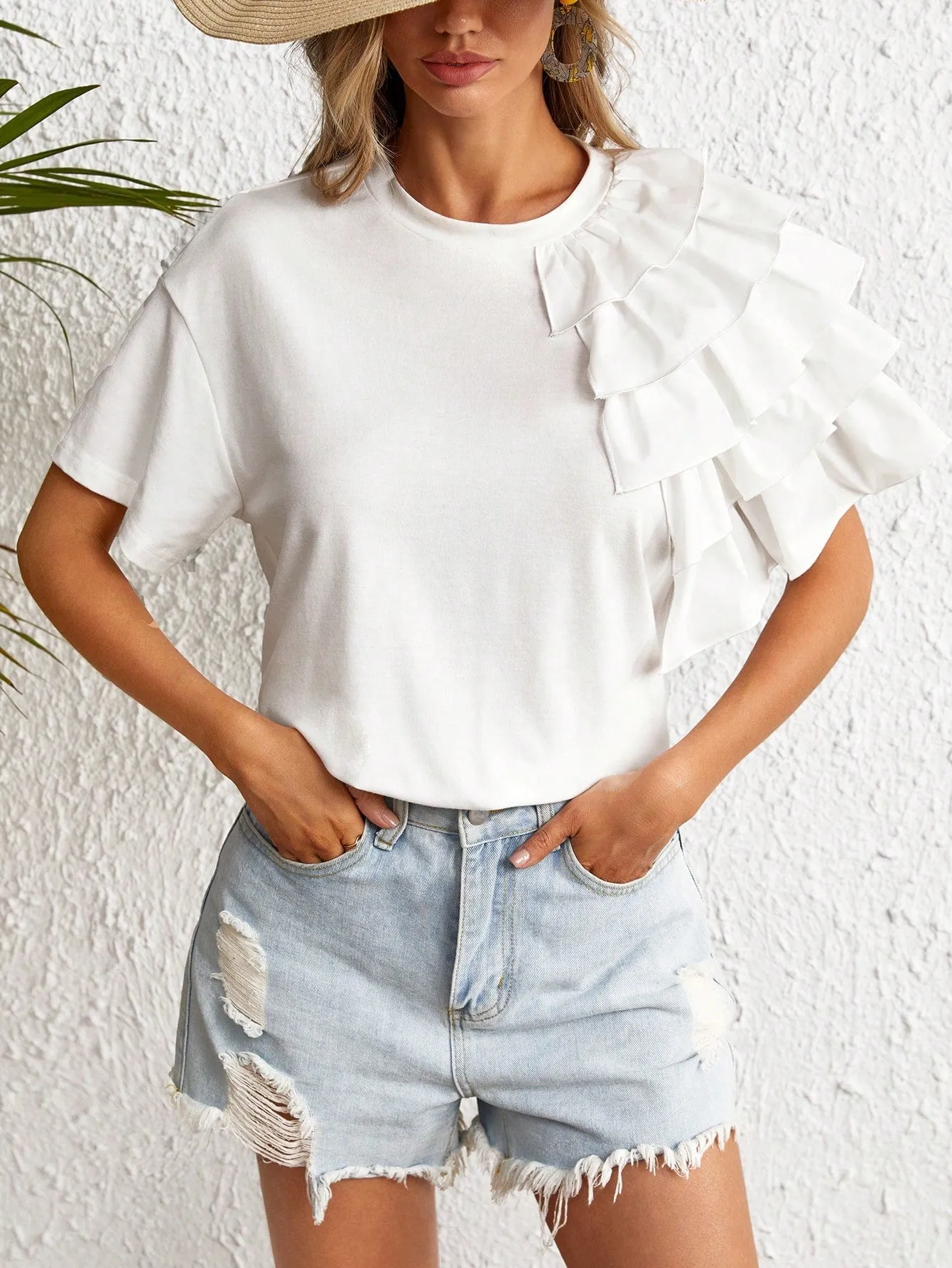 solid ruffle trim tee