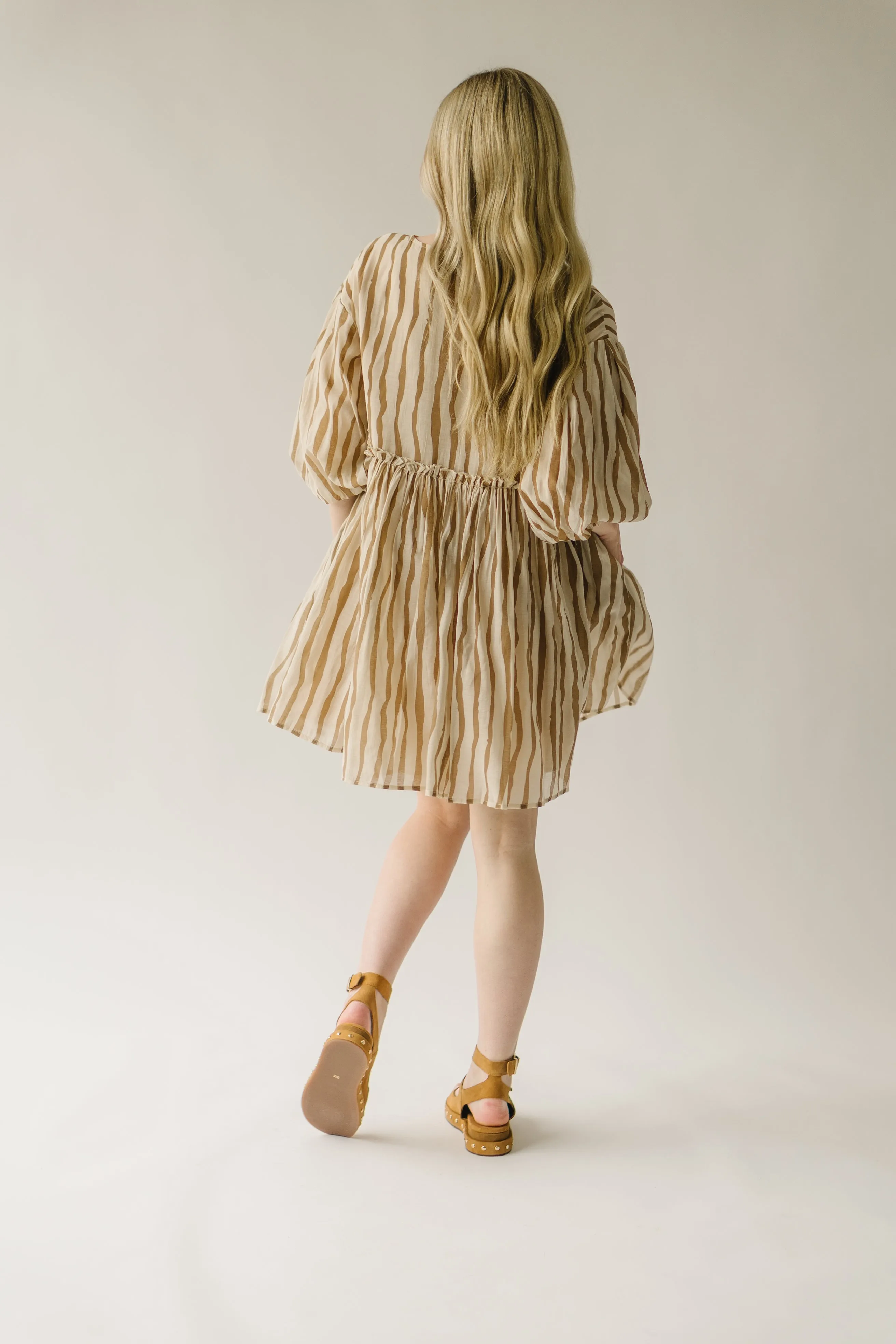 The Pampa Bubble Sleeve Babydoll Dress in Mocha Stripe