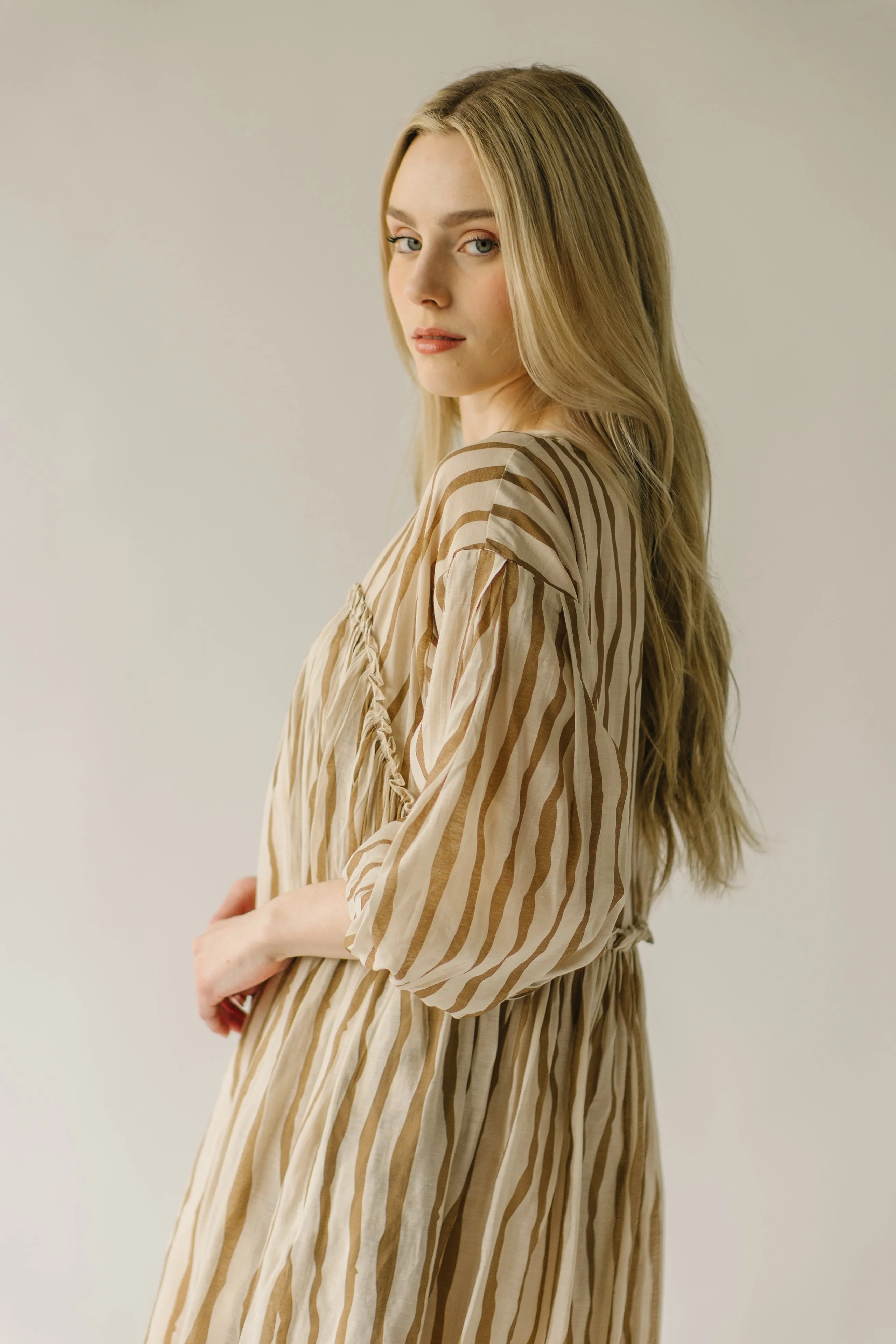 The Pampa Bubble Sleeve Babydoll Dress in Mocha Stripe