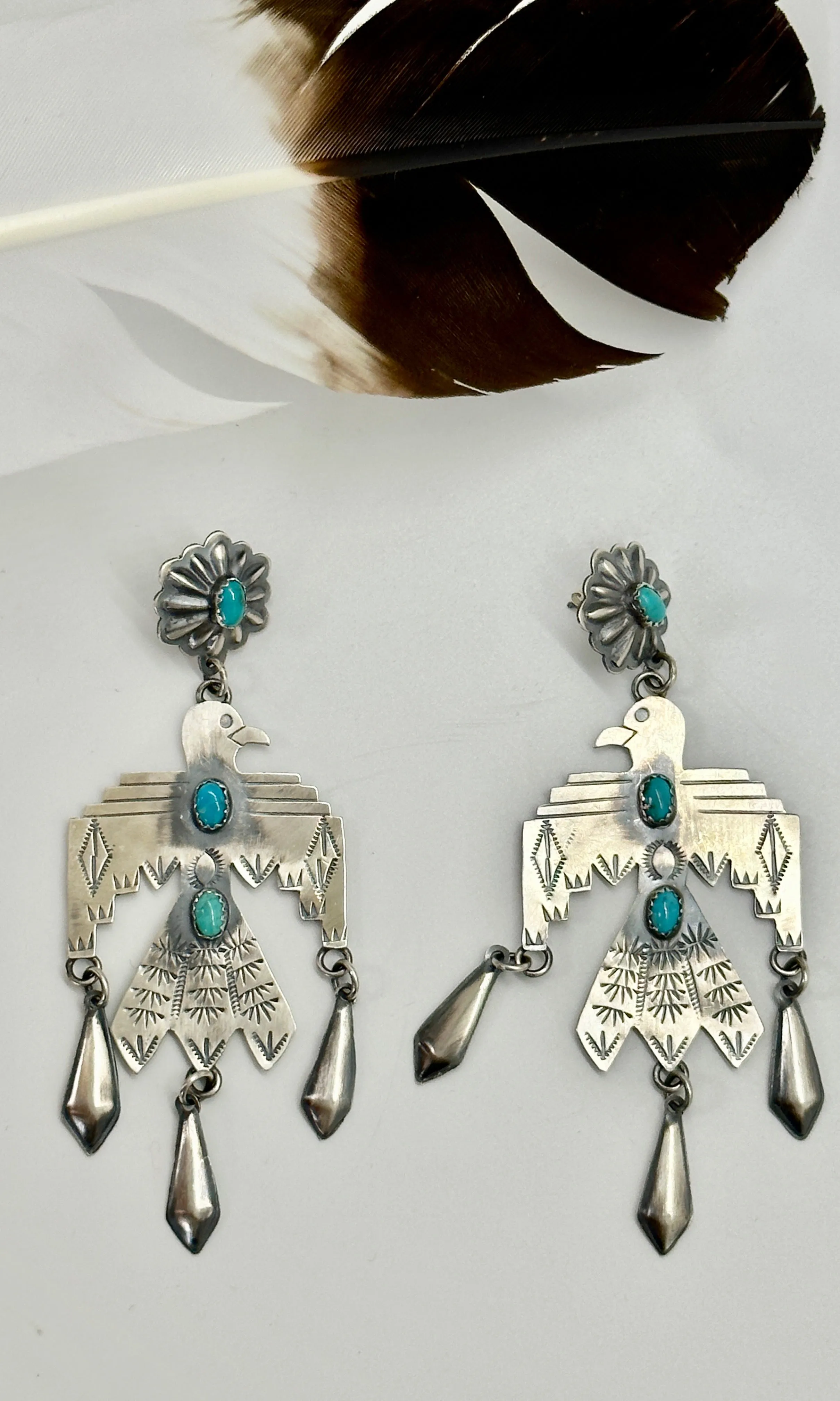 THUNDERBIRD LJC Sterling Silver and Turquoise Navajo Statement Earrings