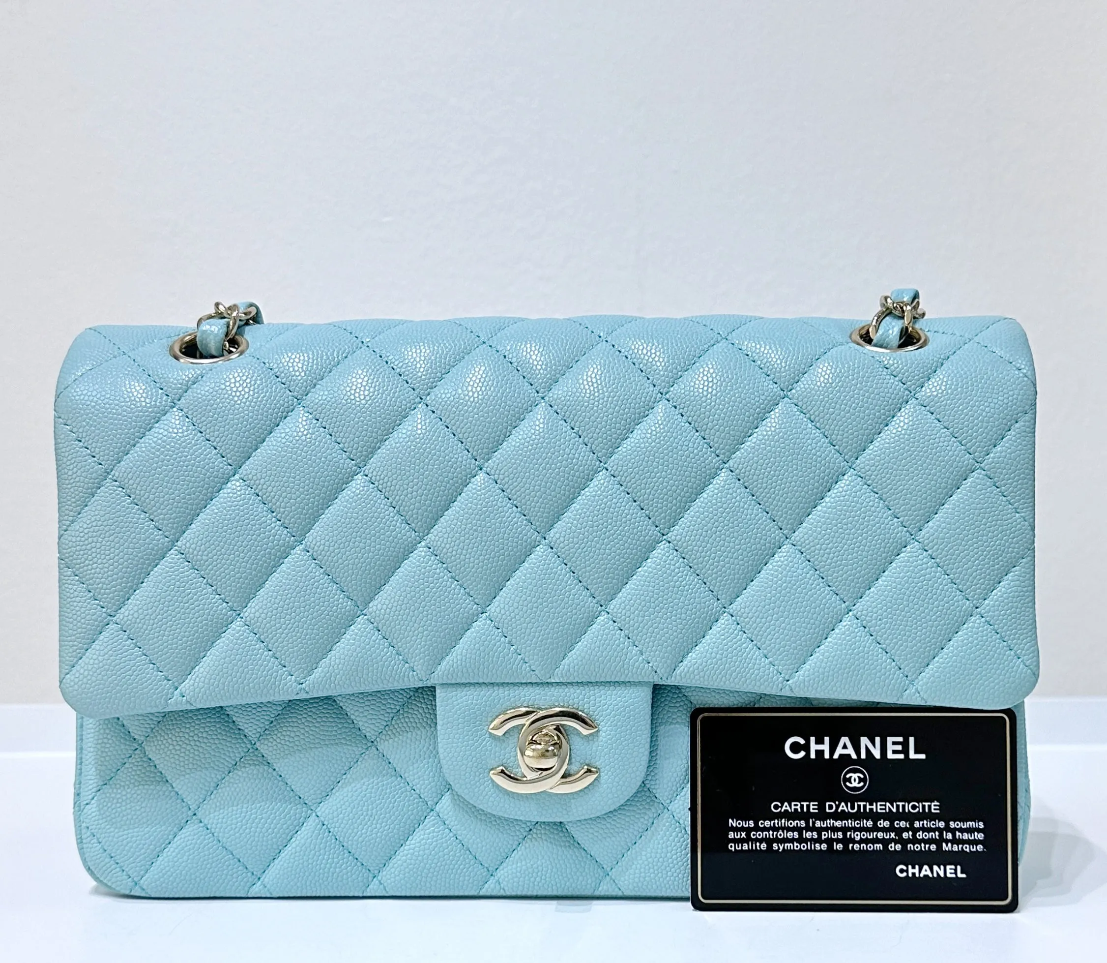 Tiffany Blue Caviar Quilted Classic Flap Medium LGHW