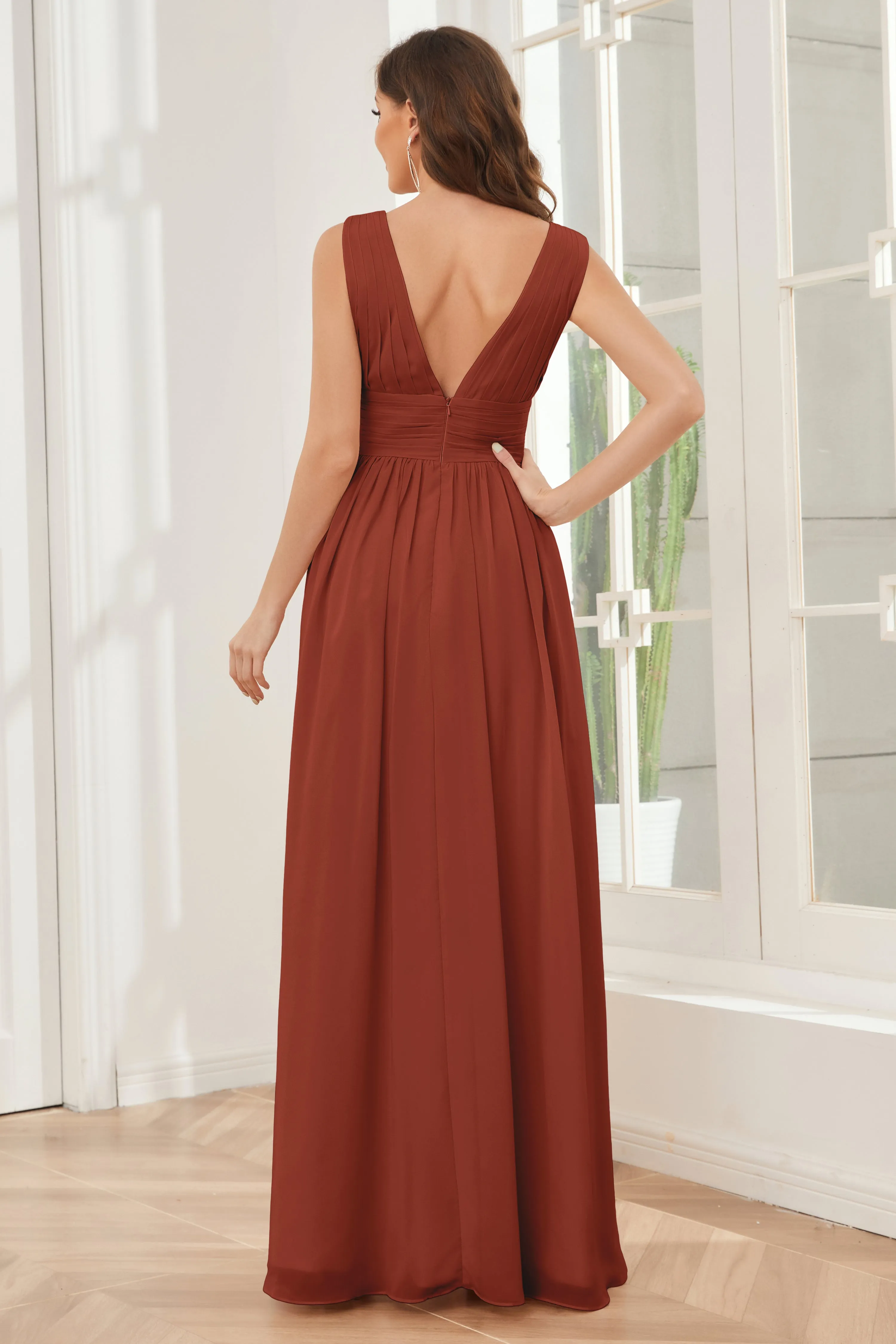 V-neck Split Chiffon Long Bridesmaid Dresses